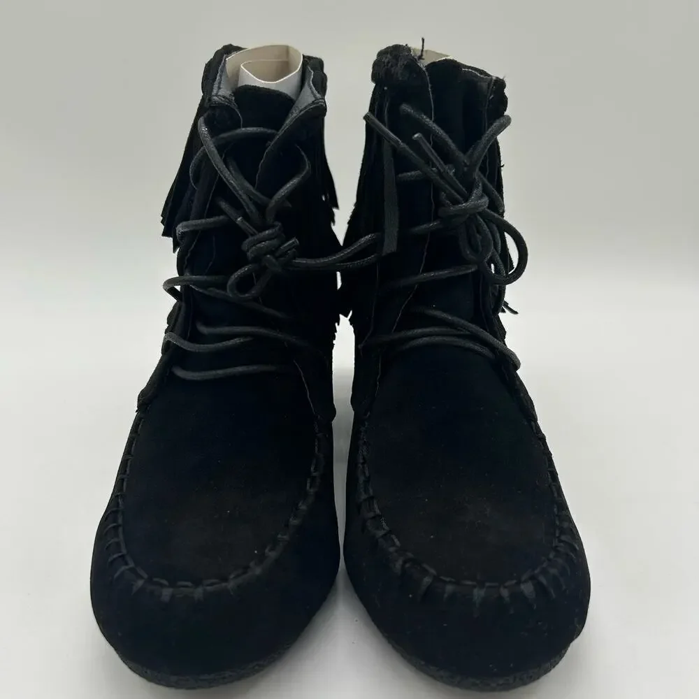 Top Moda Boots Womens 6.5‎ Black Moc Toe Lace Up Wedge Moccasin Bootie NEW
